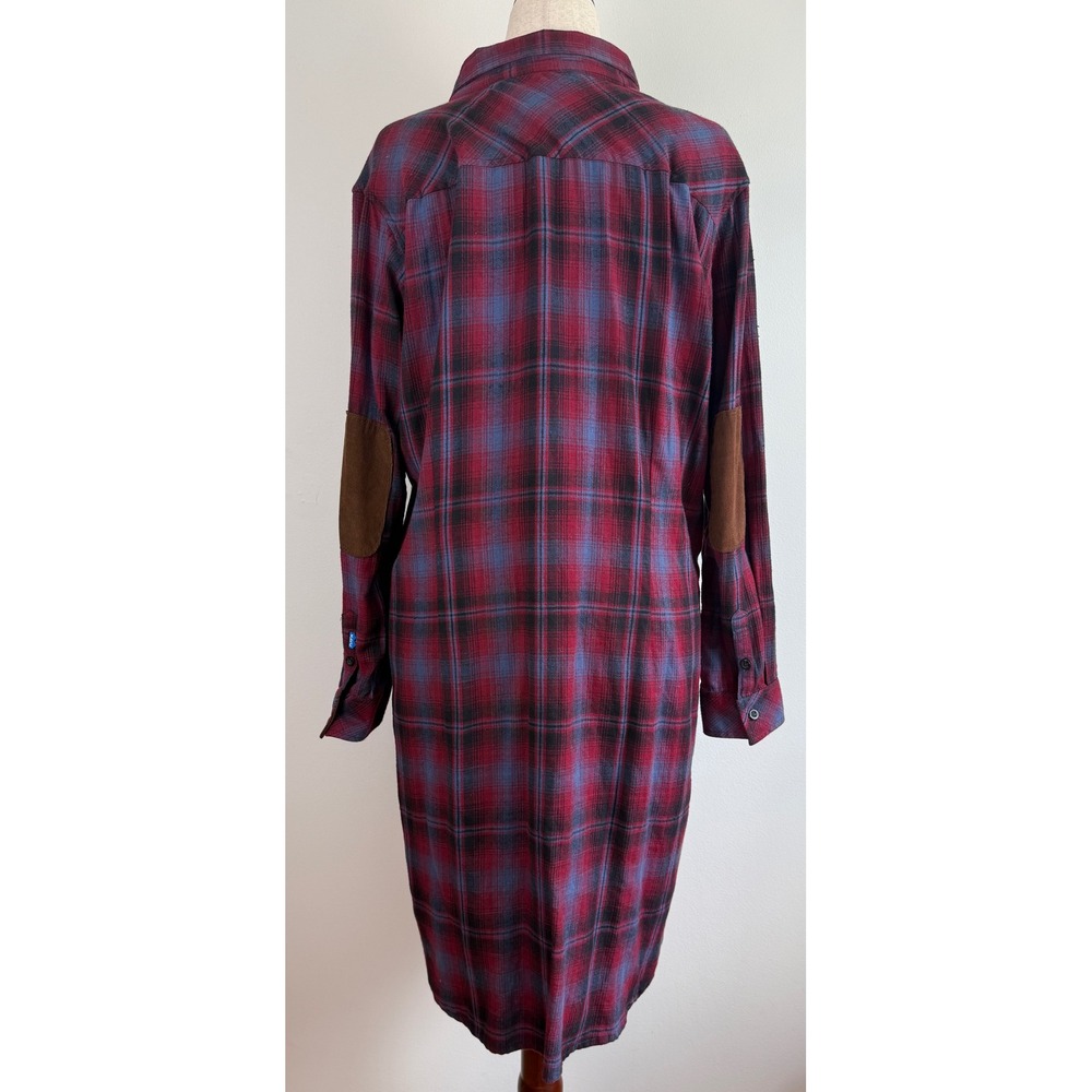 KAVU Shirt Dress Womens XXL Red Blue Plaid Flannel Button Up Elbow Patches - Picture 4 of 9